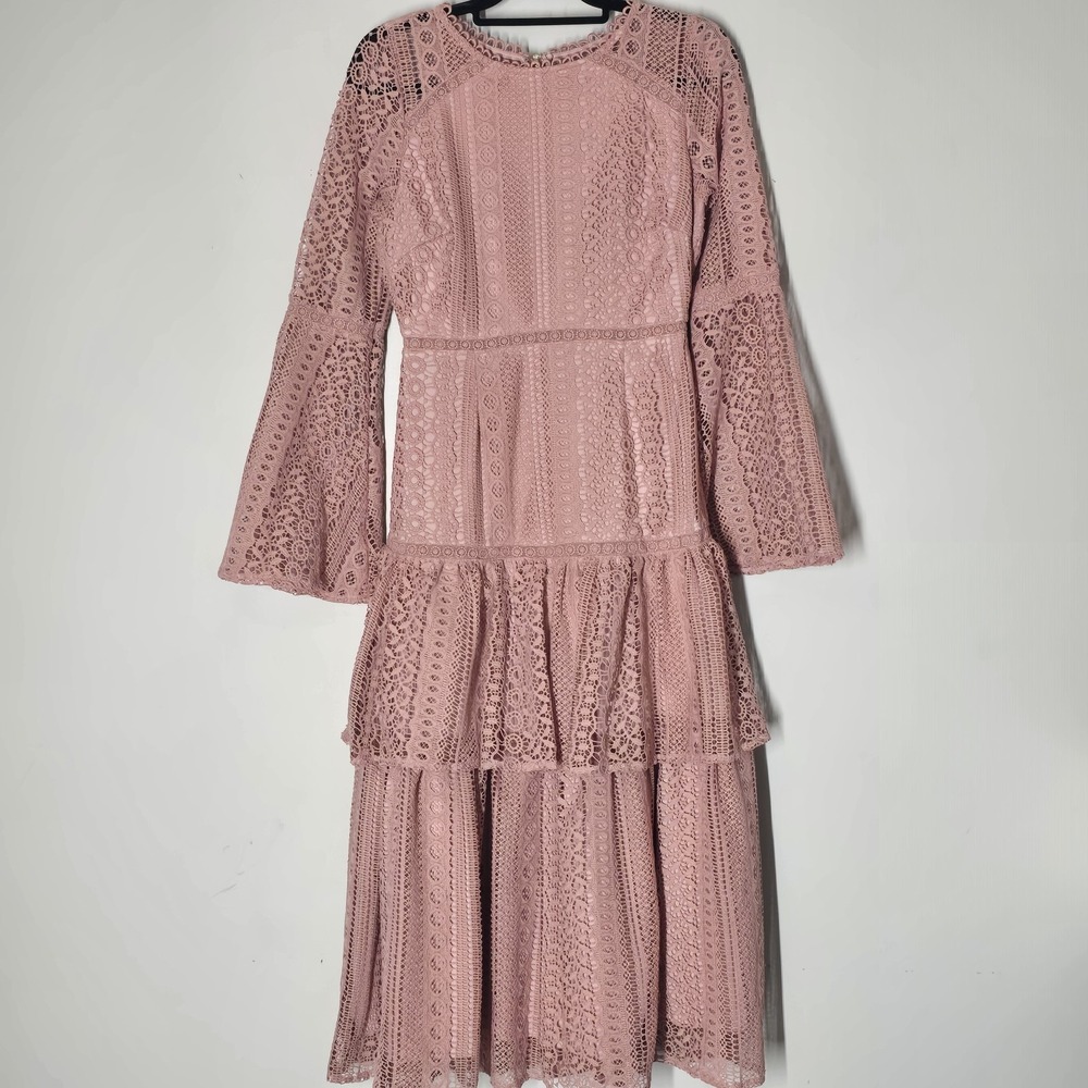 Just Me Tiered Crochet Lace  Midi Dress Bell Sleeve Boho Cottagecore Romantic S
